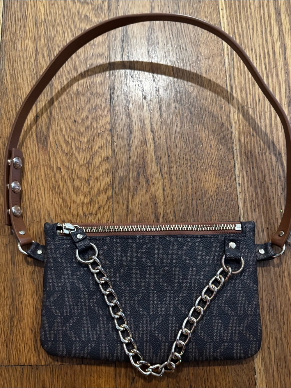 Michael Kors Black/Brown Logo Crossbody with Chain Accent